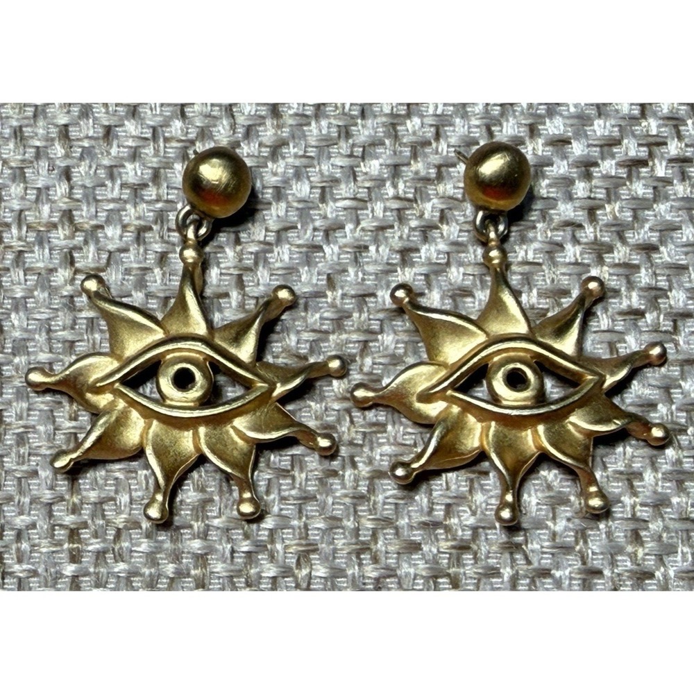 Vtg Anne Klein Evil Eye Earrings Celestial Sun‎ Matte Gold Tone Dangle Rare
